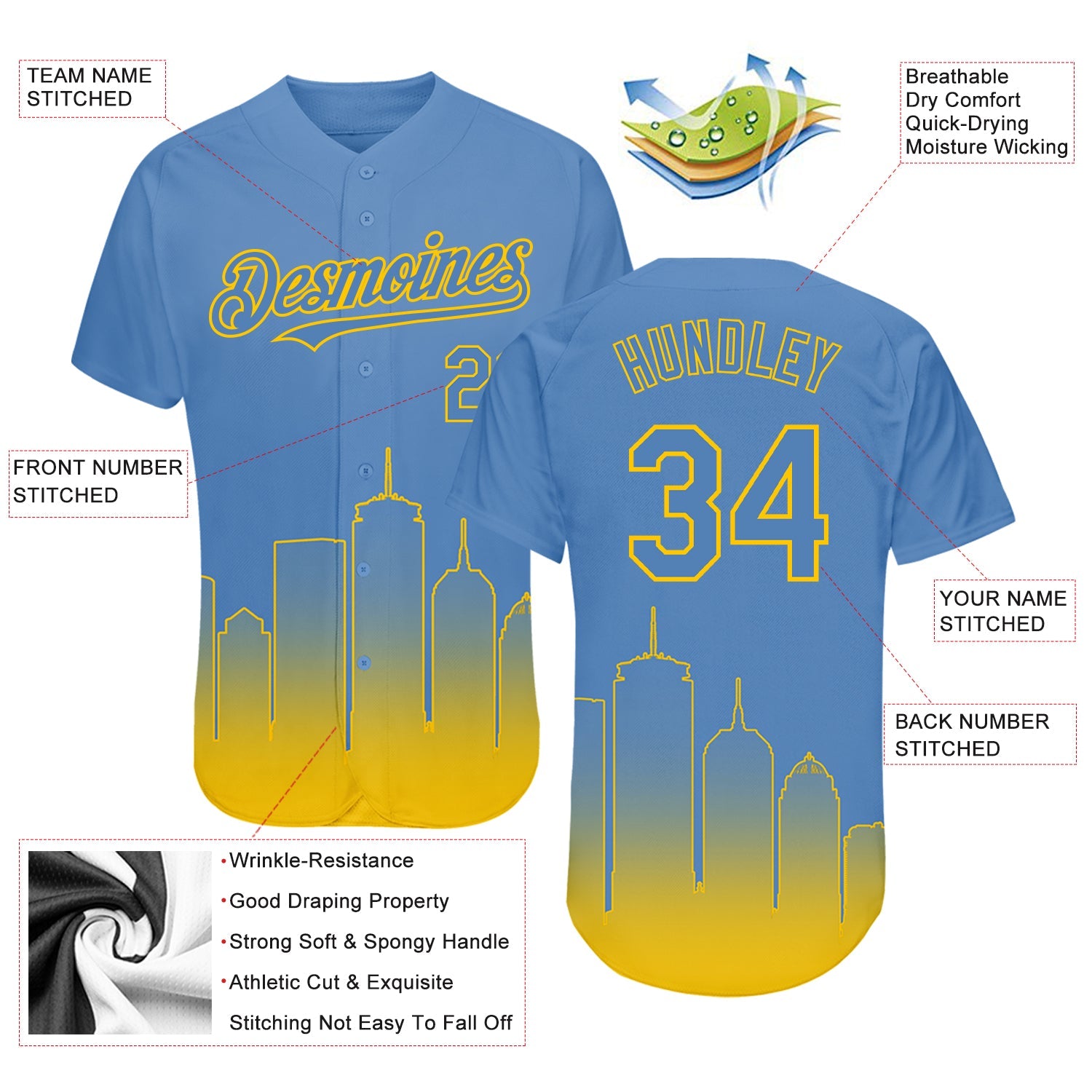 Custom Light Blue Yellow 3D Boston City Edition Fade Fasion Authentic Baseball Jersey - Sky-Custom