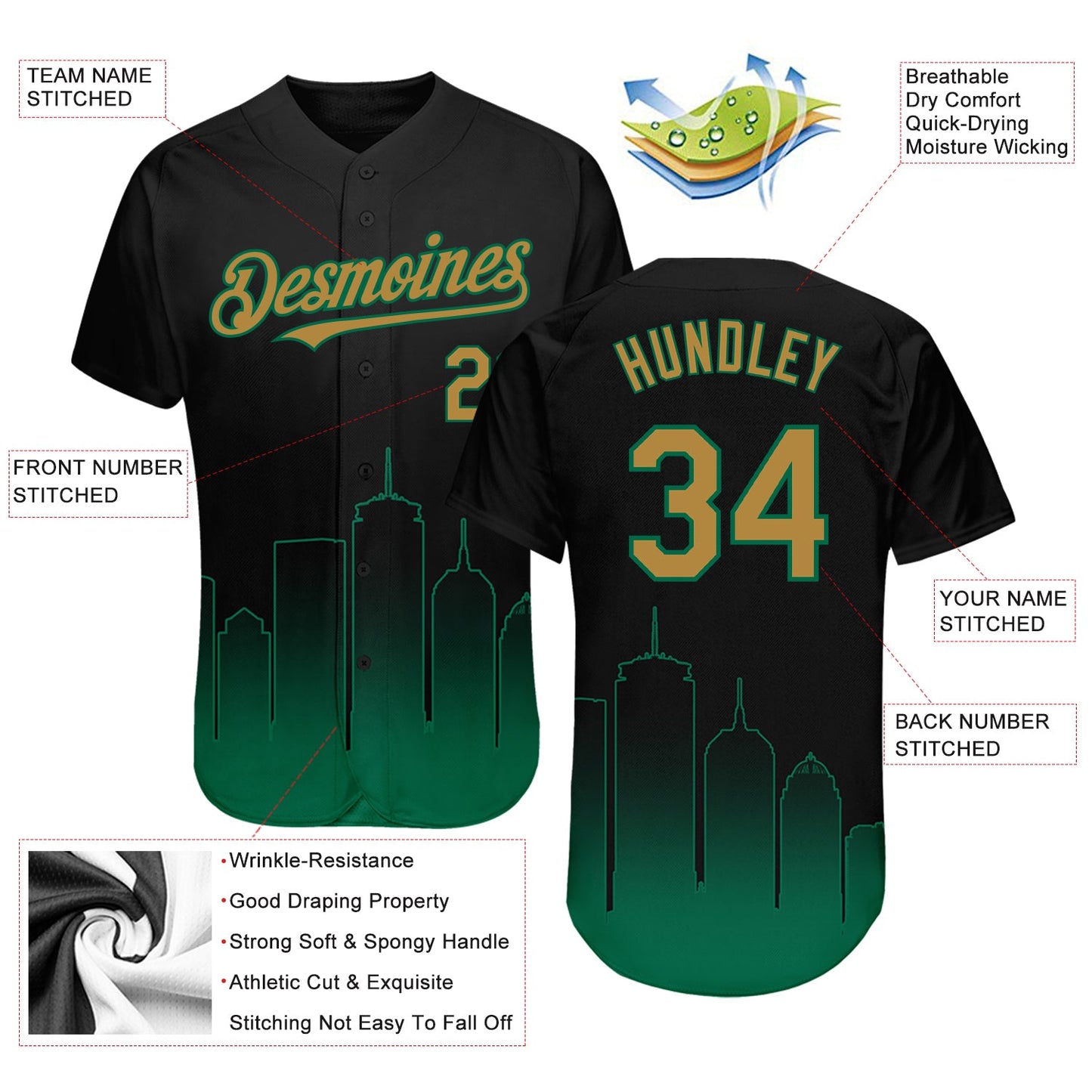 Custom Black Old Gold-Kelly Green 3D Boston City Edition Fade Fasion Authentic Baseball Jersey - Sky-Custom