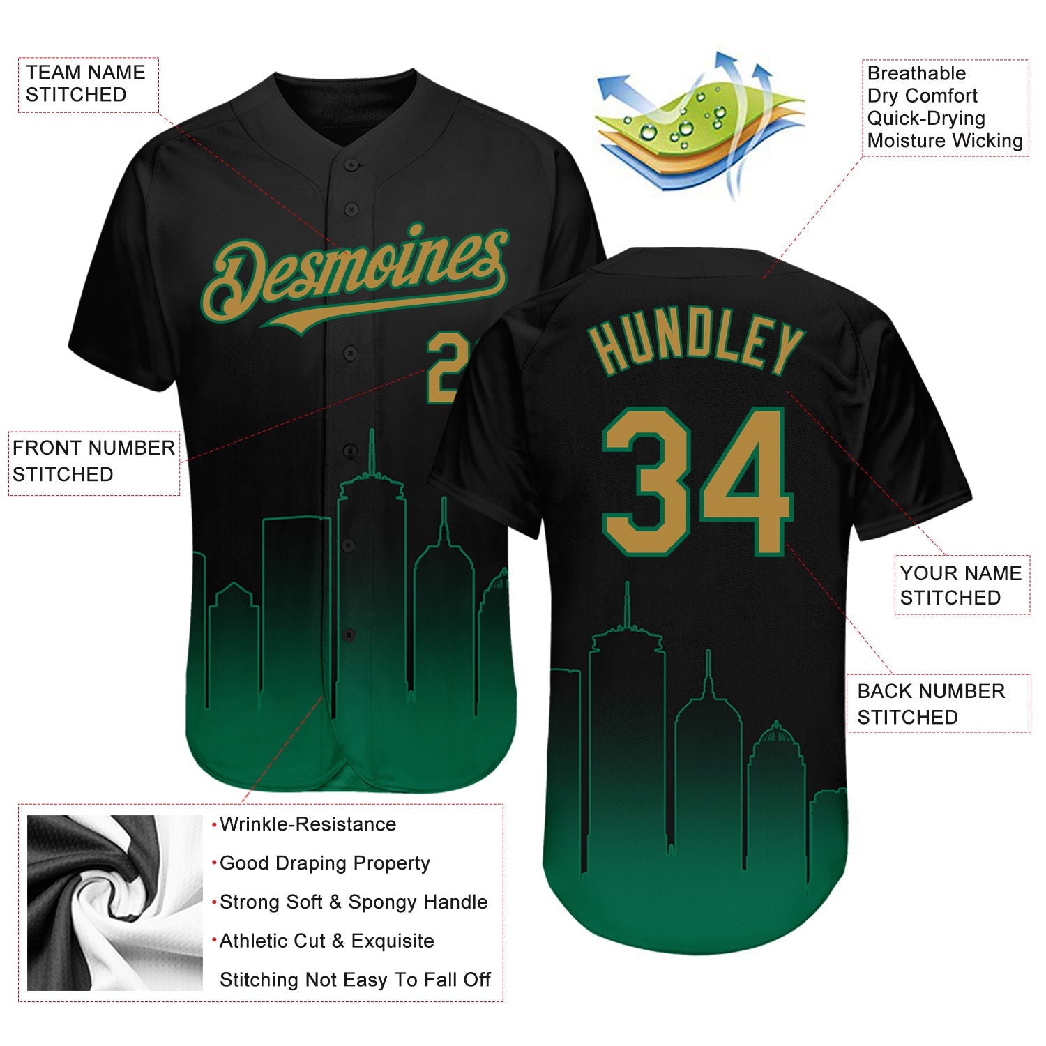 Custom Black Old Gold-Kelly Green 3D Boston City Edition Fade Fasion Authentic Baseball Jersey - Sky-Custom