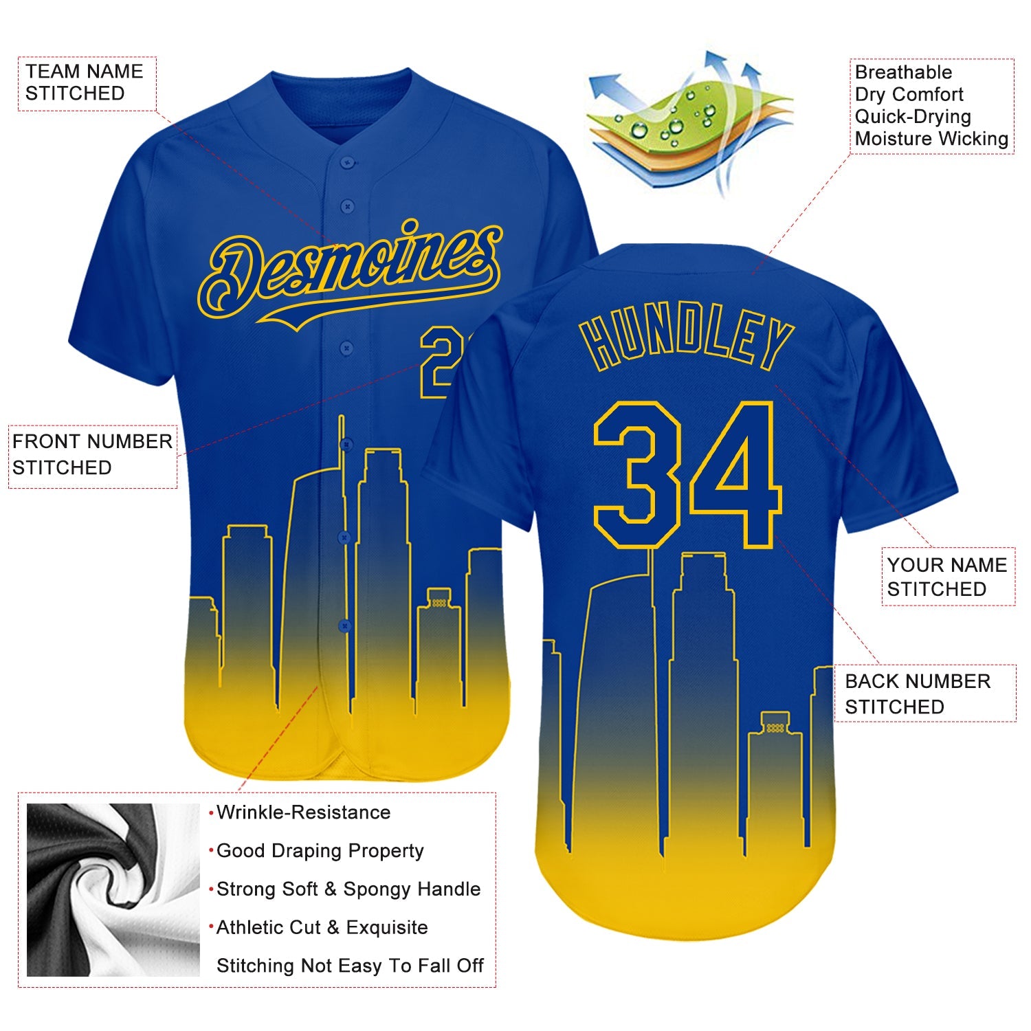 Custom Royal Yellow 3D Los Angeles City Edition Fade Fasion Authentic Baseball Jersey - Sky-Custom