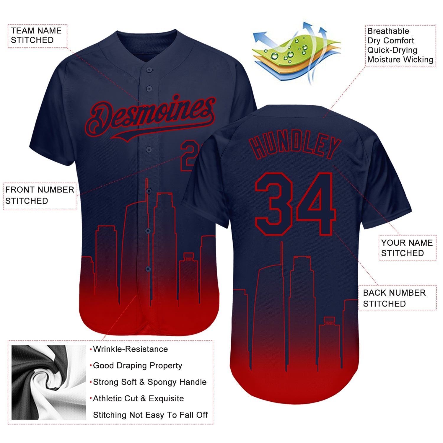 Custom Navy Navy-Red 3D Los Angeles City Edition Fade Fasion Authentic Baseball Jersey - Sky-Custom