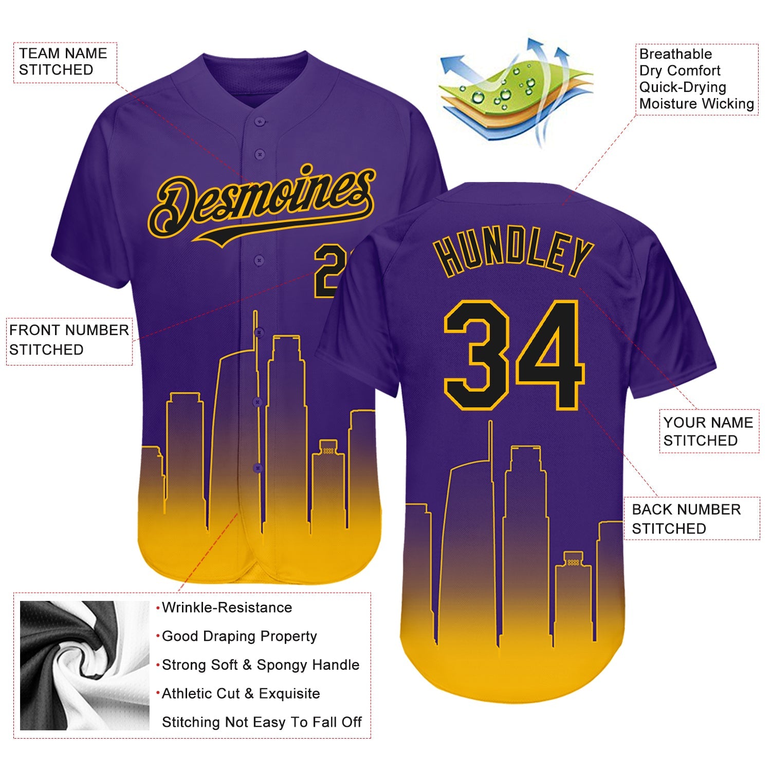 Custom Purple Black-Gold 3D Los Angeles City Edition Fade Fasion Authentic Baseball Jersey - Sky-Custom