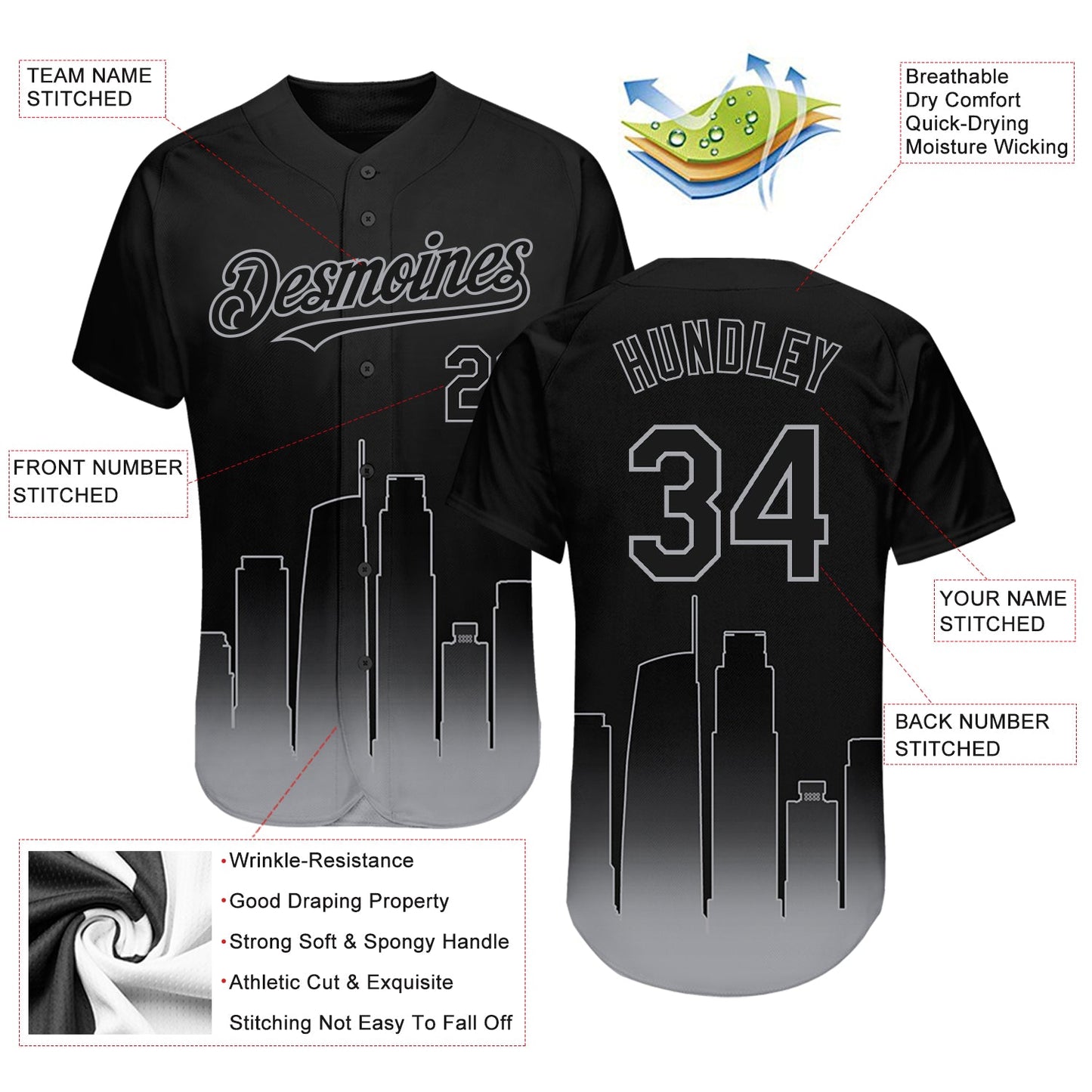 Custom Black-Gray 3D Los Angeles City Edition Fade Fasion Authentic Baseball Jersey - Sky-Custom
