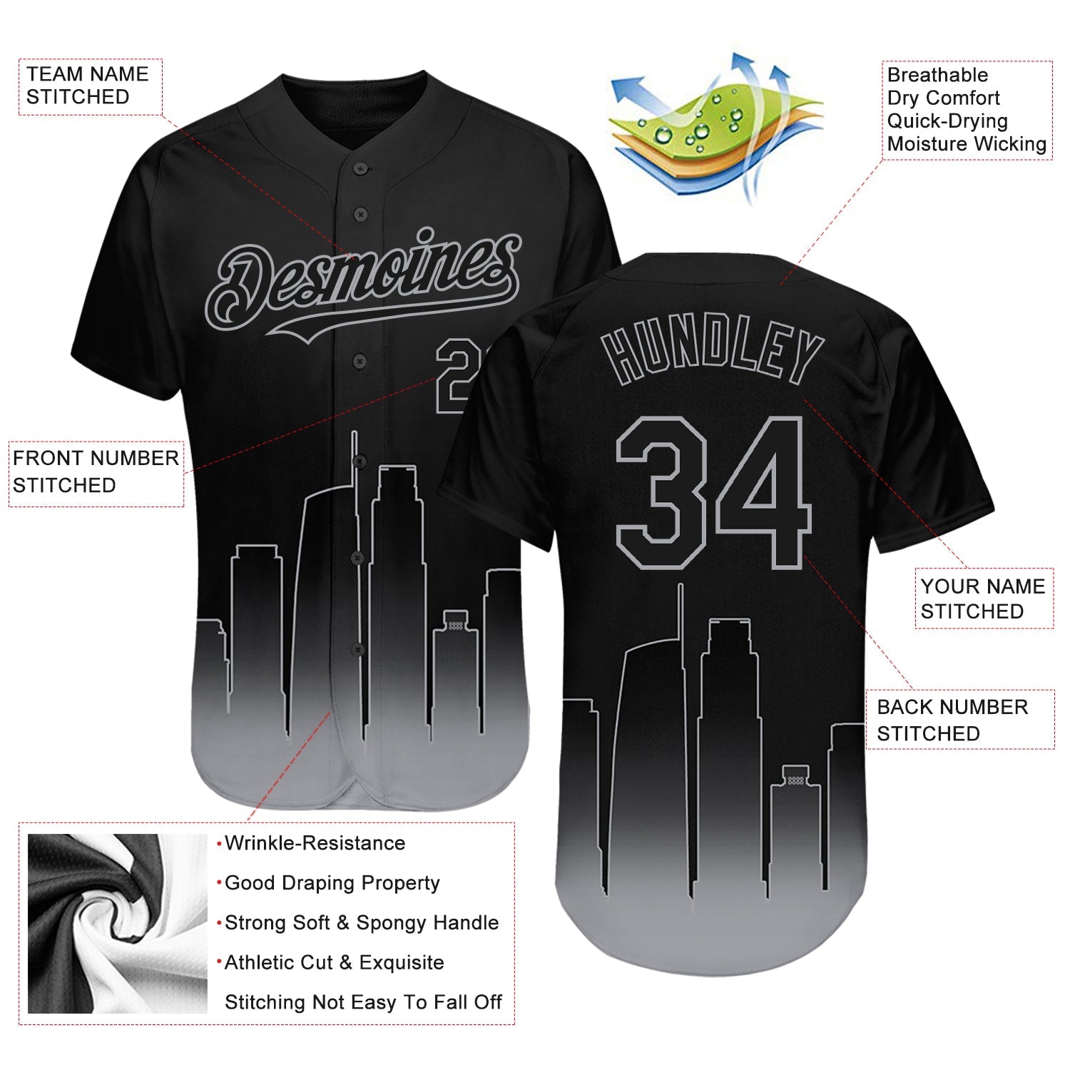 Custom Black-Gray 3D Los Angeles City Edition Fade Fasion Authentic Baseball Jersey - Sky-Custom