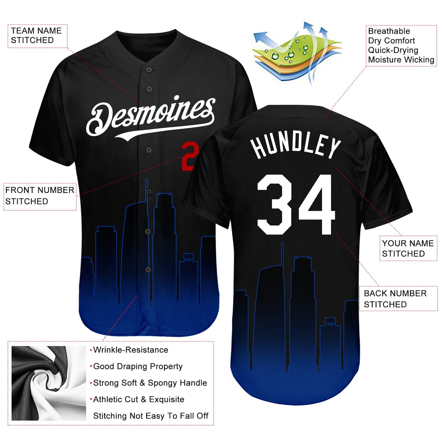Custom Black White Royal-Red 3D Los Angeles City Edition Fade Fasion Authentic Baseball Jersey - Sky-Custom