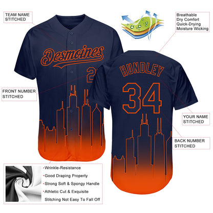 Custom Navy Orange 3D Chicago City Edition Fade Fasion Authentic Baseball Jersey - Sky-Custom