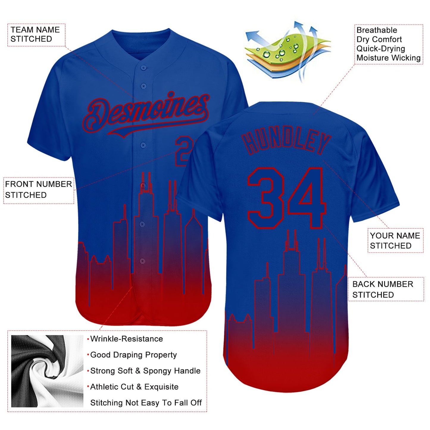 Custom Royal Red 3D Chicago City Edition Fade Fasion Authentic Baseball Jersey - Sky-Custom