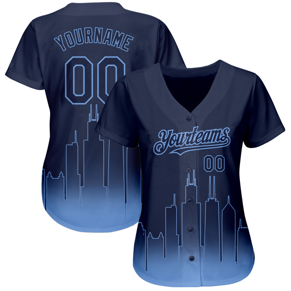 Custom Navy Light Blue 3D Chicago City Edition Fade Fasion Authentic Baseball Jersey - Sky-Custom
