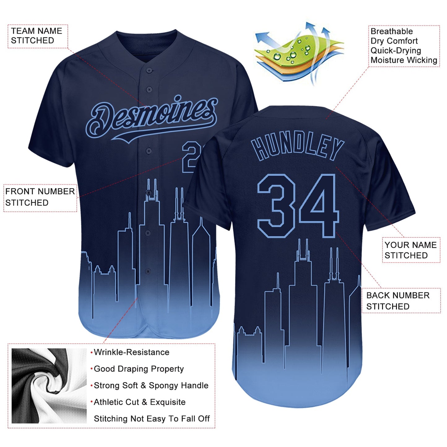 Custom Navy Light Blue 3D Chicago City Edition Fade Fasion Authentic Baseball Jersey - Sky-Custom