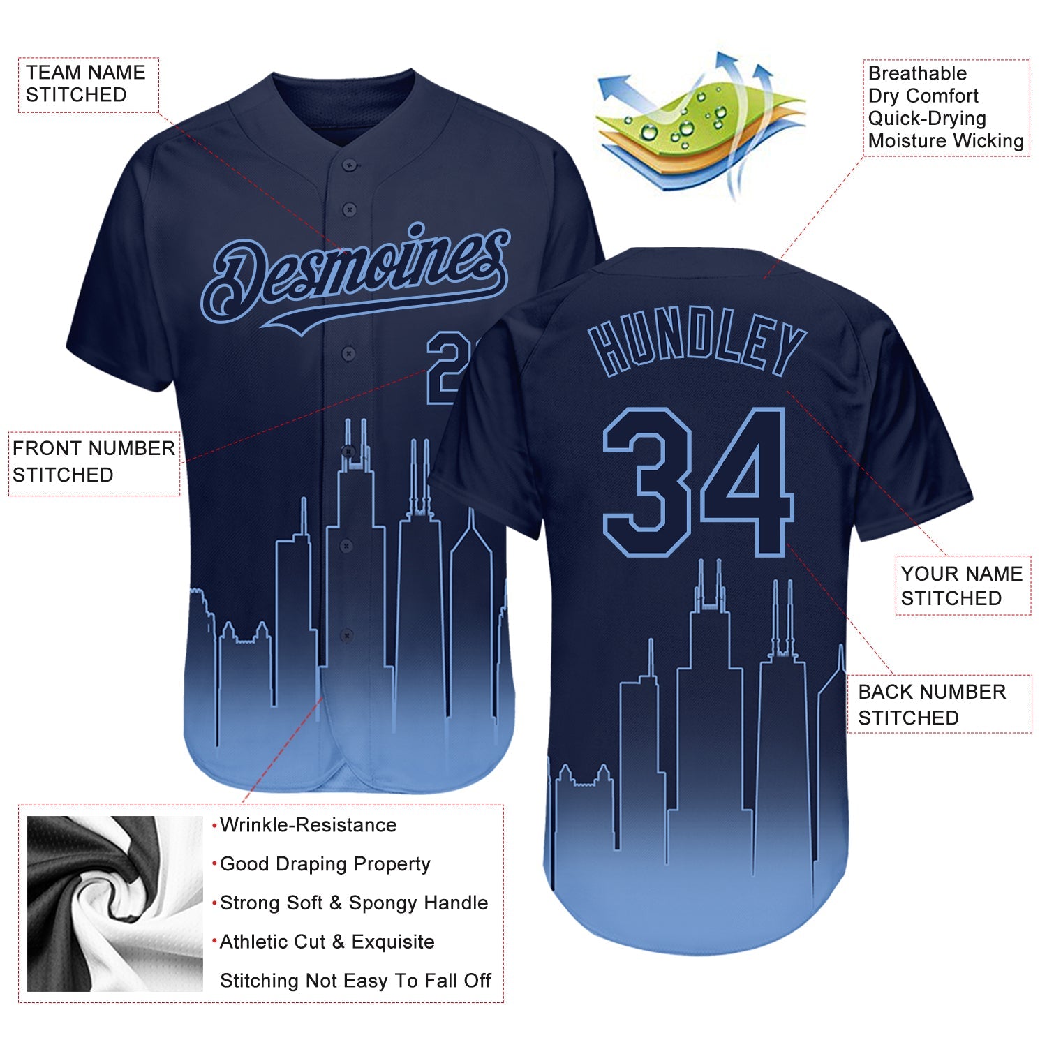 Custom Navy Light Blue 3D Chicago City Edition Fade Fasion Authentic Baseball Jersey - Sky-Custom