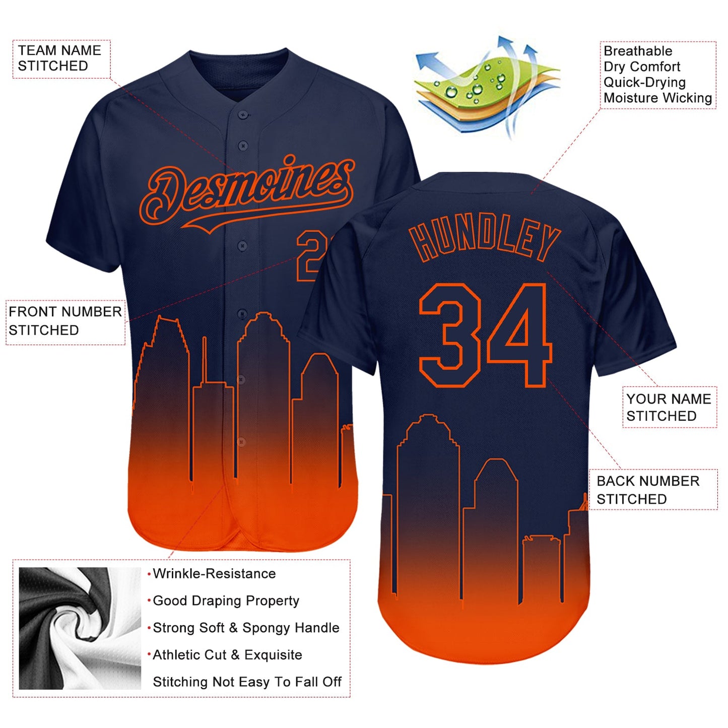 Custom Navy Orange 3D Houston City Edition Fade Fasion Authentic Baseball Jersey - Sky-Custom