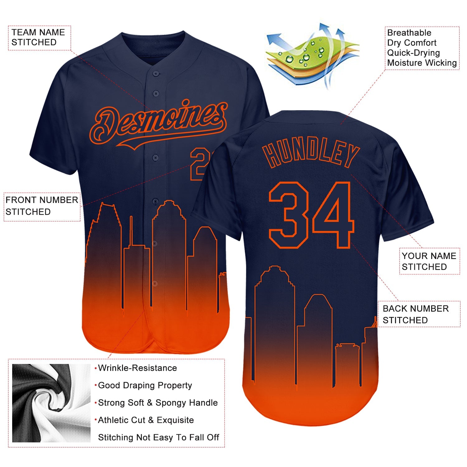 Custom Navy Orange 3D Houston City Edition Fade Fasion Authentic Baseball Jersey - Sky-Custom