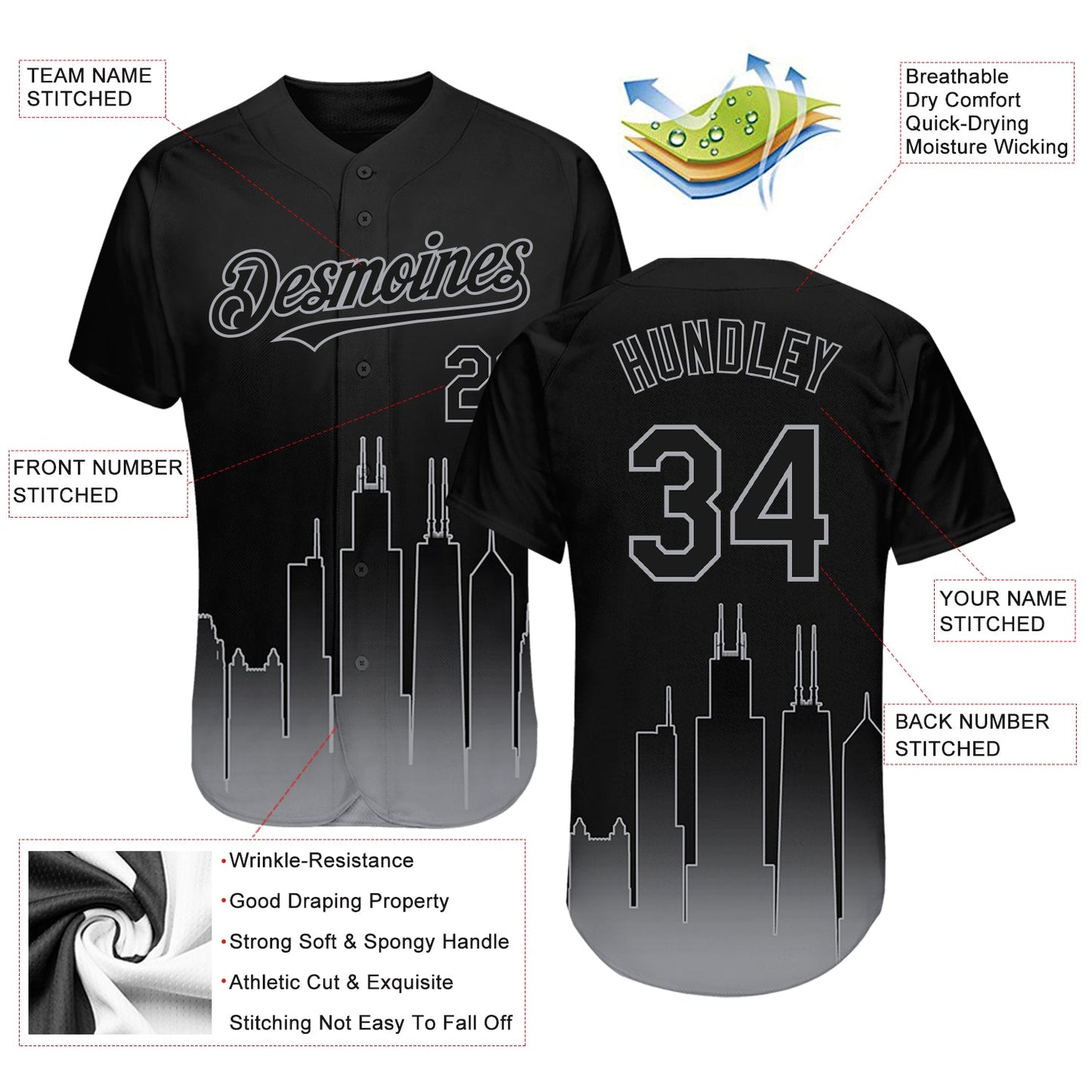 Custom Black Gray 3D Chicago City Edition Fade Fasion Authentic Baseball Jersey - Sky-Custom
