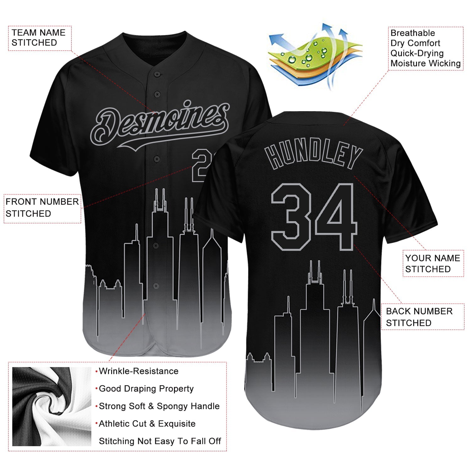 Custom Black Gray 3D Chicago City Edition Fade Fasion Authentic Baseball Jersey - Sky-Custom