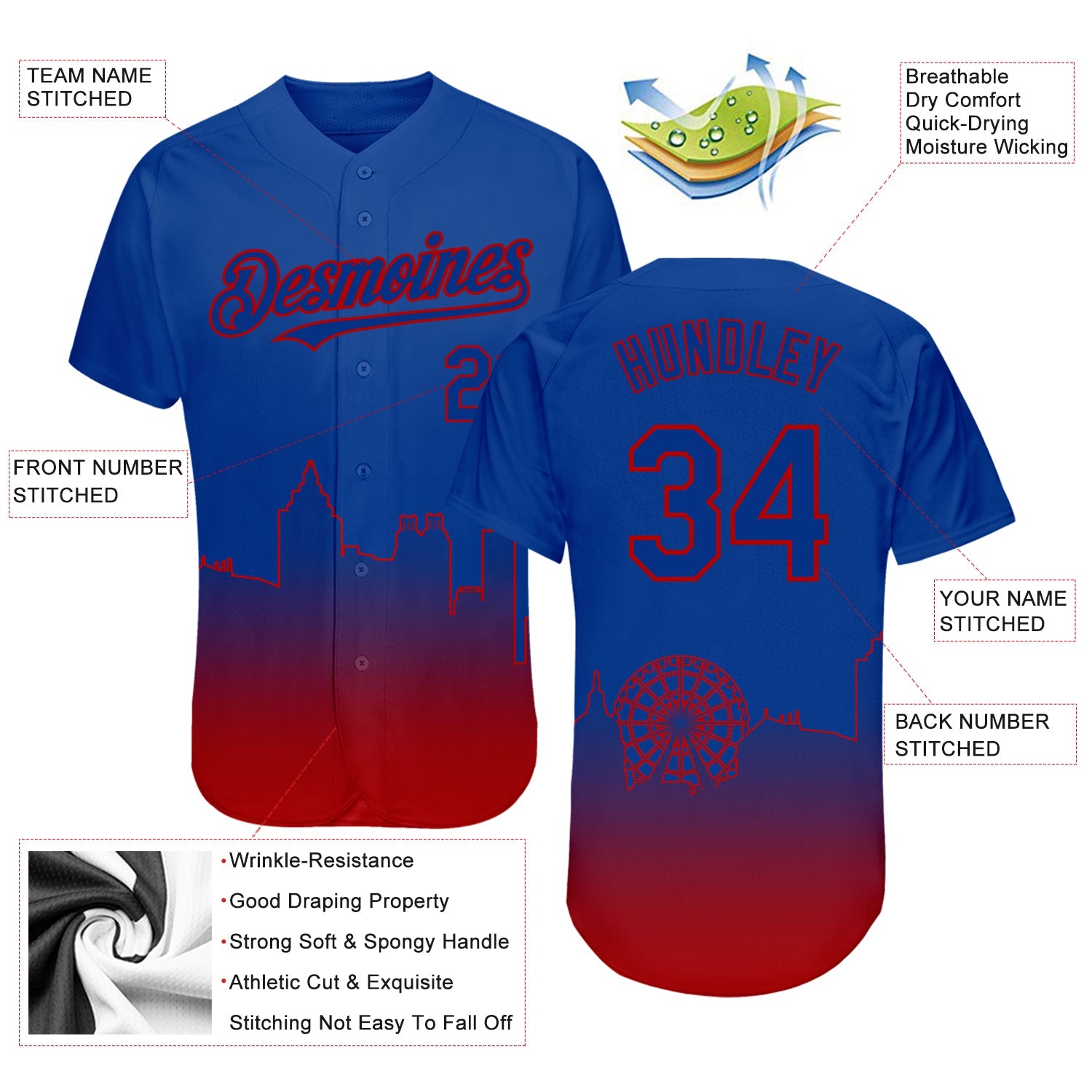 Custom Royal Red 3D Atlanta City Edition Fade Fasion Authentic Baseball Jersey - Sky-Custom