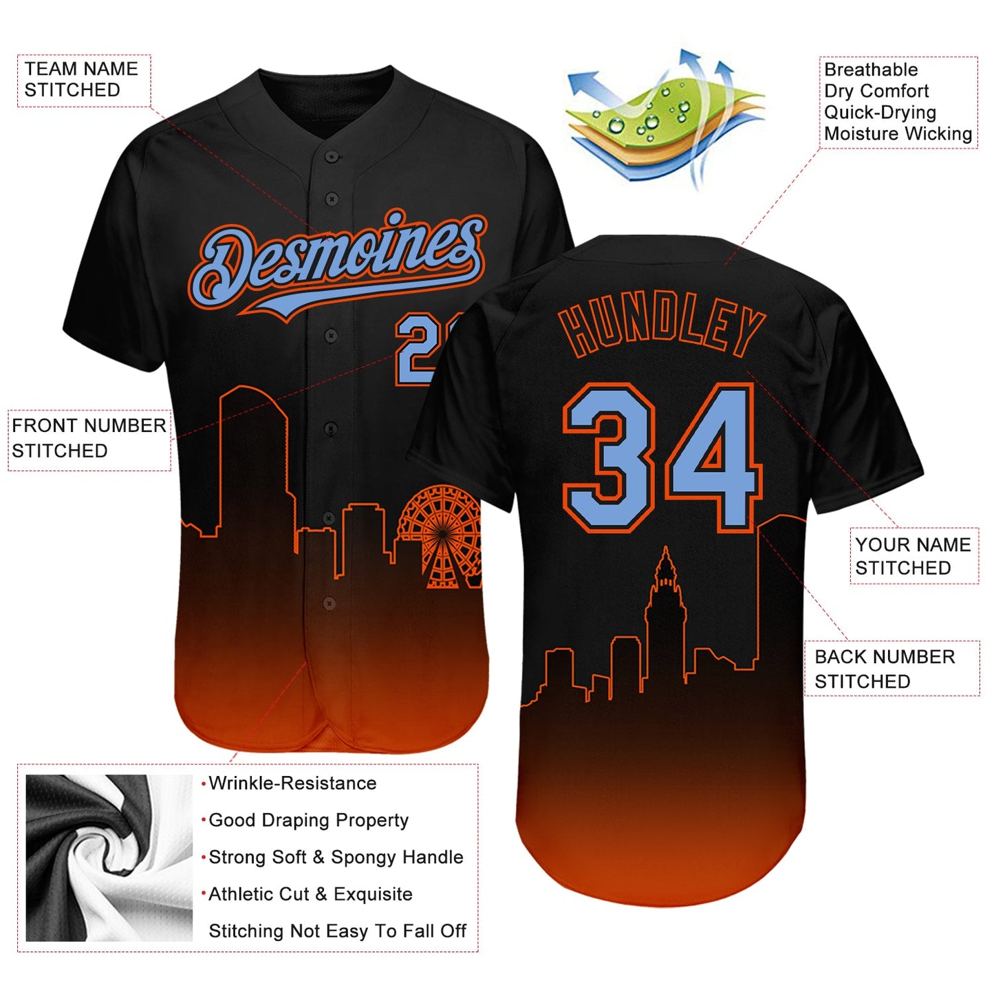 Custom Black Powder Blue-Orange 3D Miami City Edition Fade Fasion Authentic Baseball Jersey - Sky-Custom