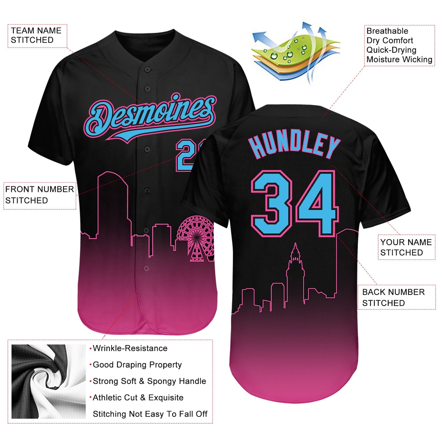 Custom Black Sky Blue-Pink 3D Miami City Edition Fade Fasion Authentic Baseball Jersey - Sky-Custom