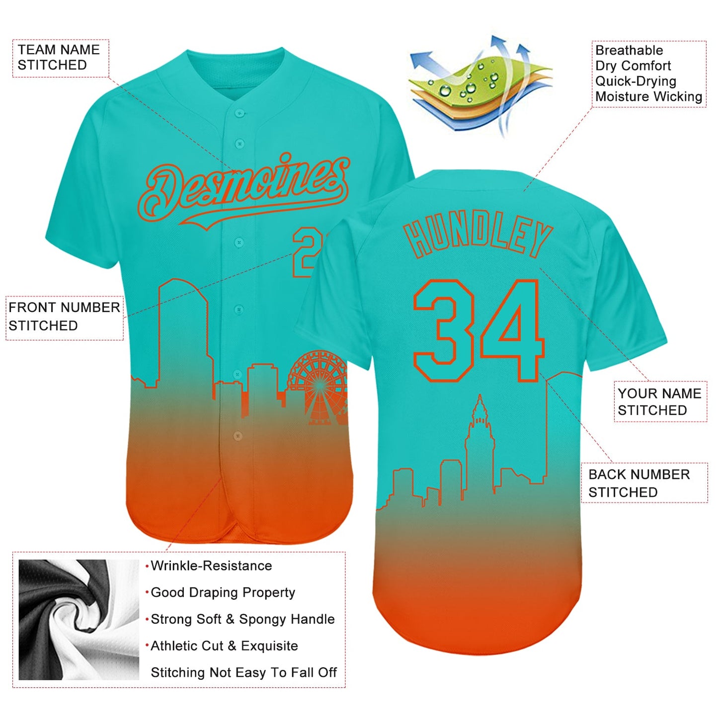 Custom Aqua Orange 3D Miami City Edition Fade Fasion Authentic Baseball Jersey - Sky-Custom