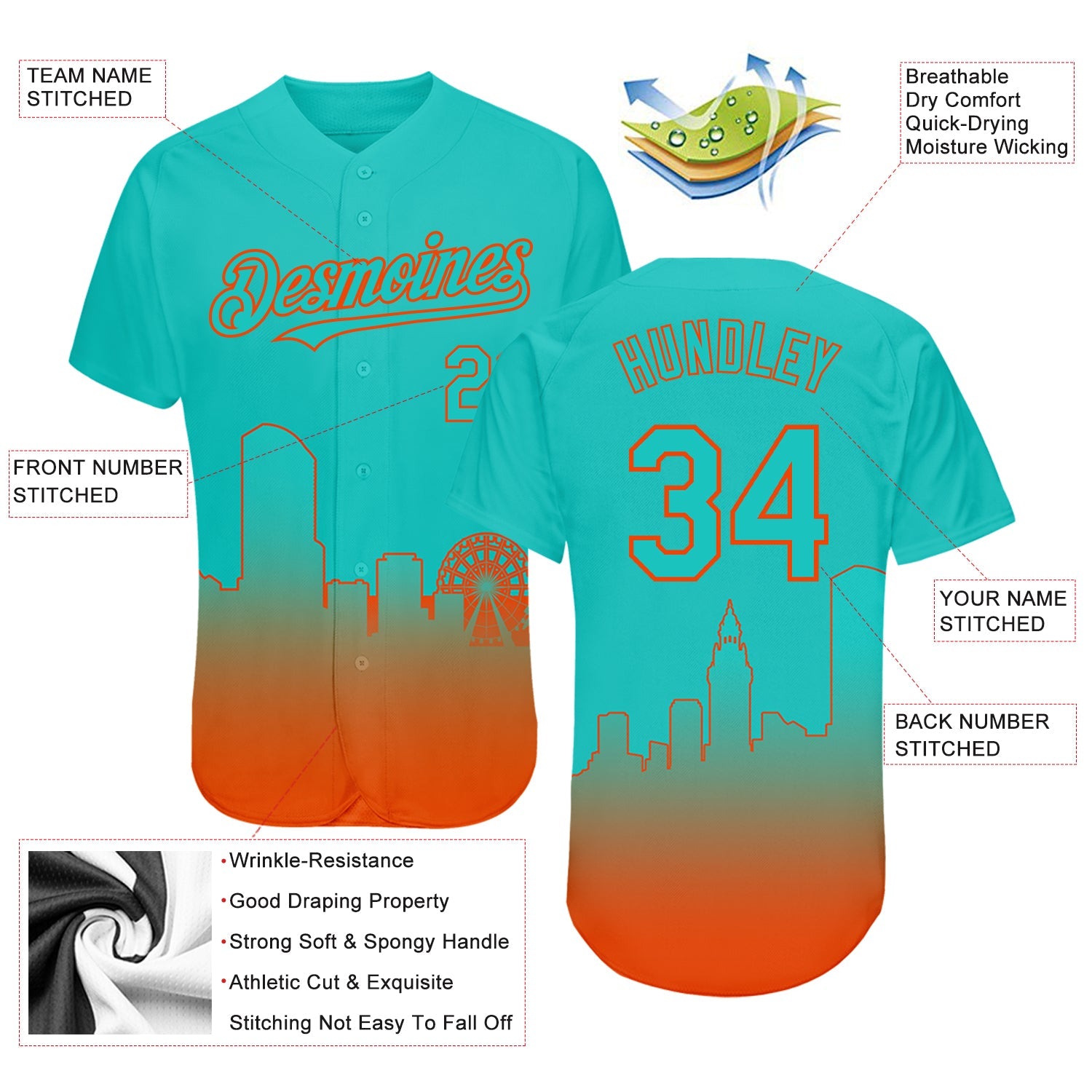 Custom Aqua Orange 3D Miami City Edition Fade Fasion Authentic Baseball Jersey - Sky-Custom