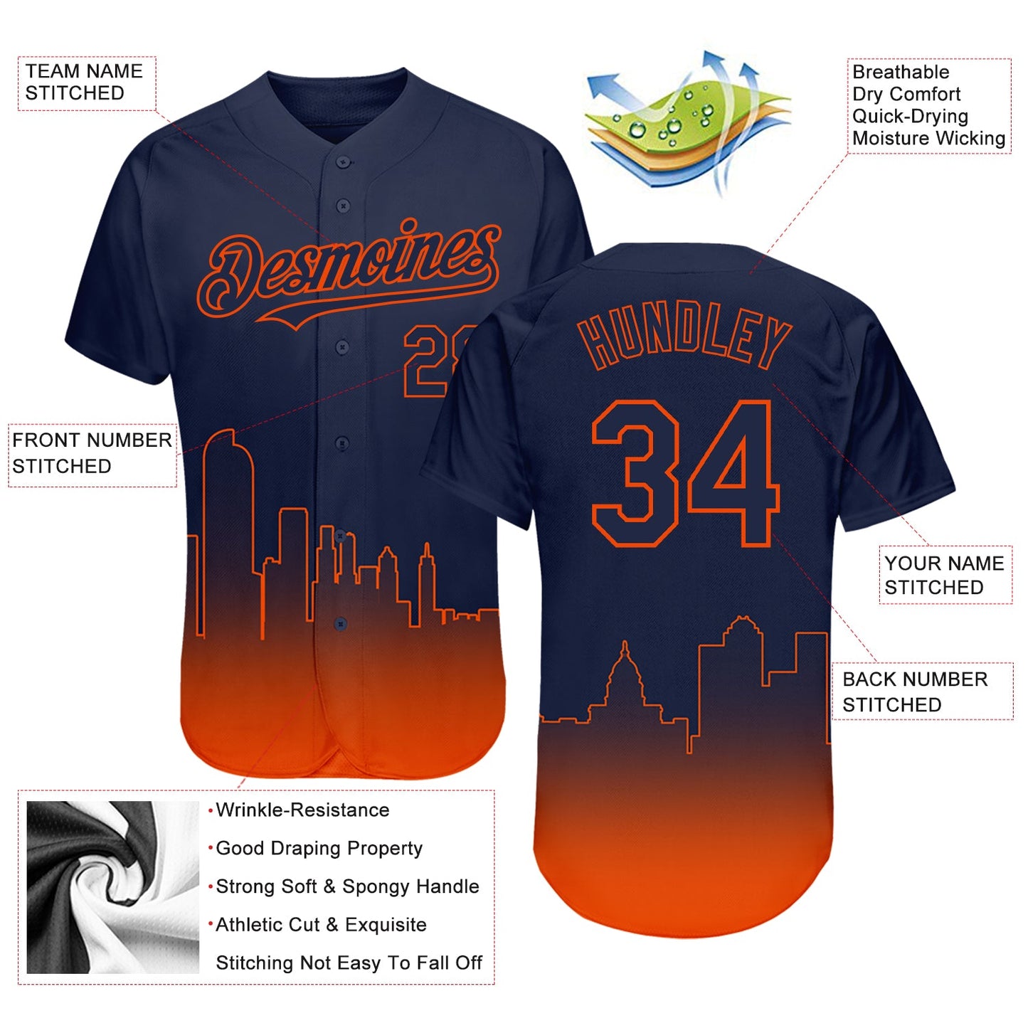 Custom Navy Orange 3D Denver City Edition Fade Fasion Authentic Baseball Jersey - Sky-Custom