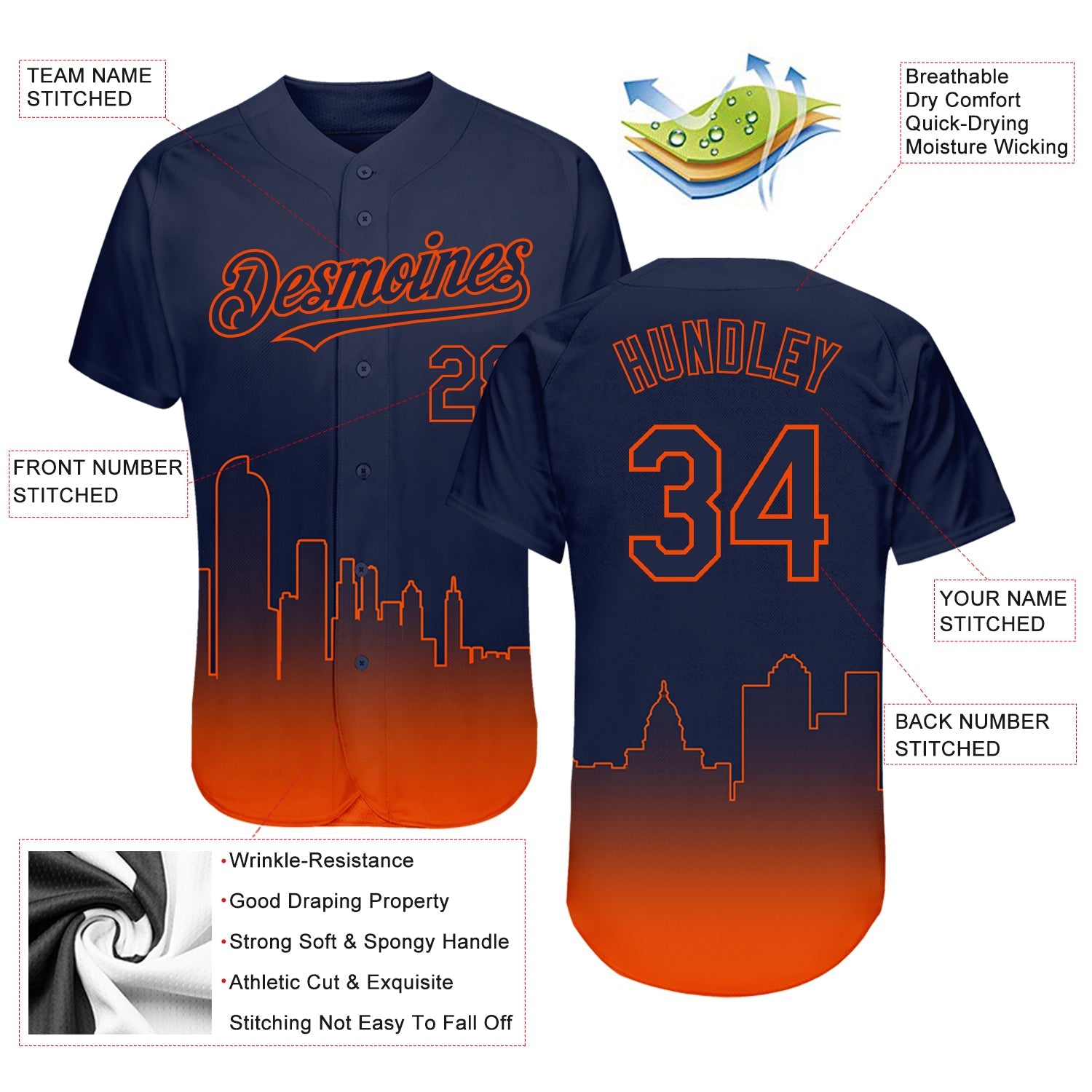 Custom Navy Orange 3D Denver City Edition Fade Fasion Authentic Baseball Jersey - Sky-Custom