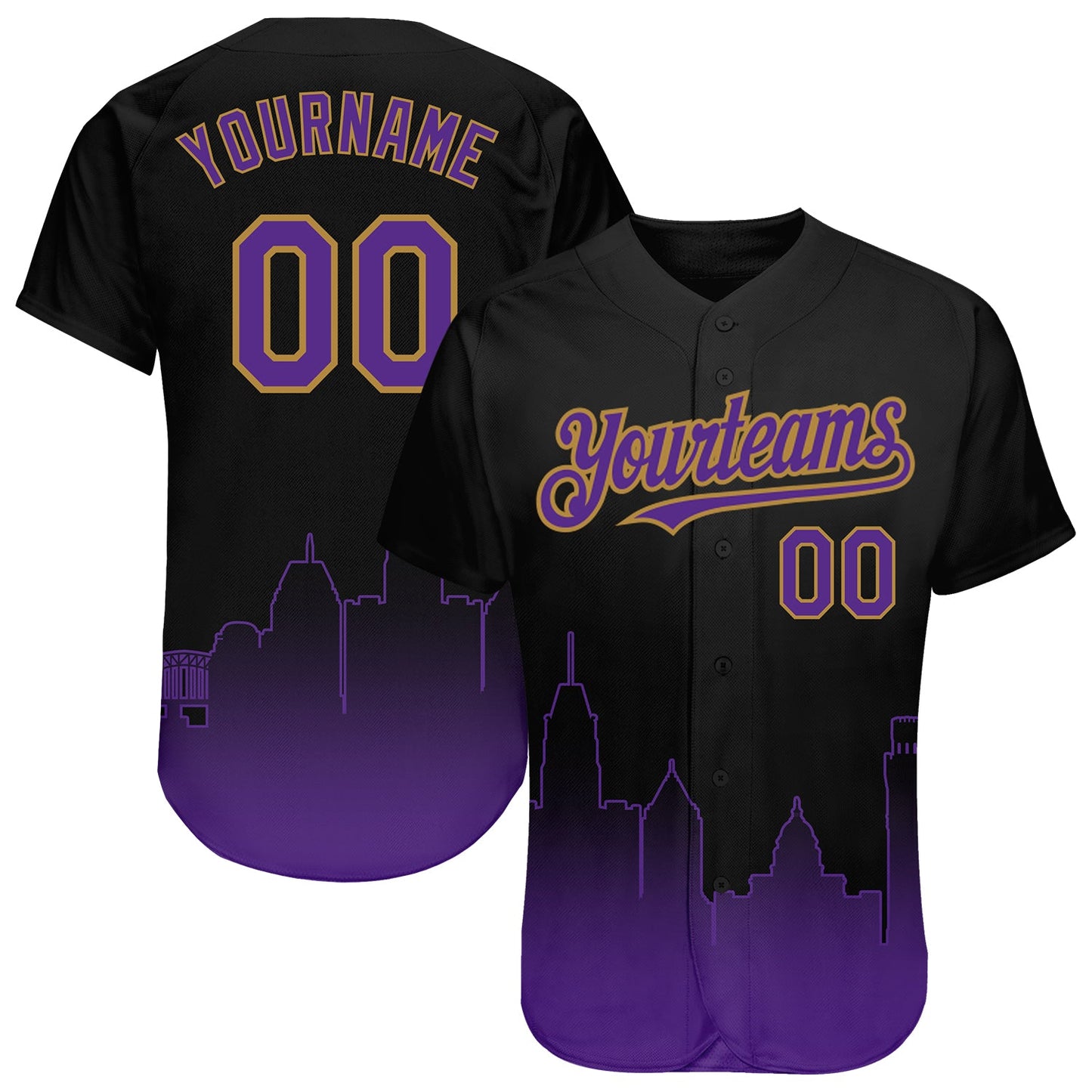 Custom Black Purple-Old Gold 3D Baltimore City Edition Fade Fasion Authentic Baseball Jersey - Sky-Custom