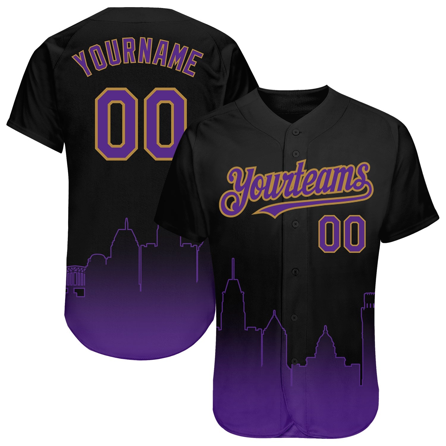 Custom Black Purple-Old Gold 3D Baltimore City Edition Fade Fasion Authentic Baseball Jersey - Sky-Custom