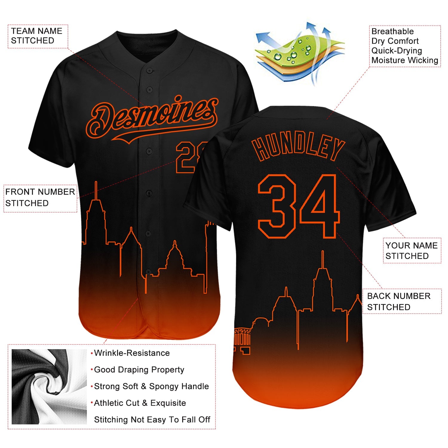 Custom Black Orange 3D Baltimore City Edition Fade Fasion Authentic Baseball Jersey - Sky-Custom