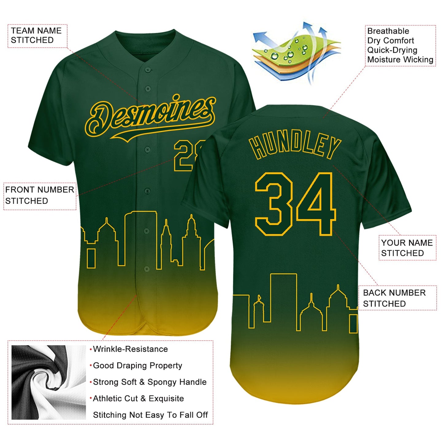 Custom Green Gold 3D Oakland City Edition Fade Fasion Authentic Baseball Jersey - Sky-Custom