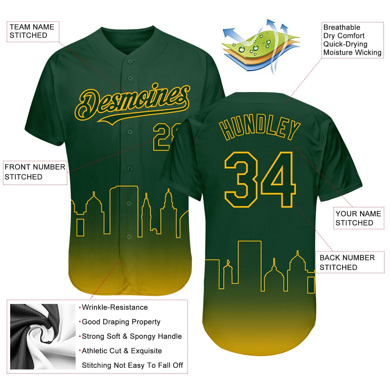 Custom Green Gold 3D Oakland City Edition Fade Fasion Authentic Baseball Jersey - Sky-Custom