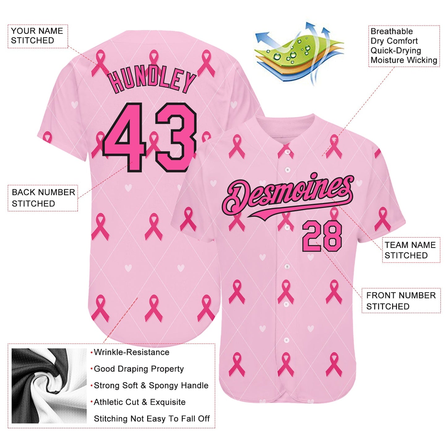 Custom Pink Black 3D Pink Ribbon Breast Cancer Awareness Month Women Health Care Support Authentic Baseball Jersey - Sky-Custom