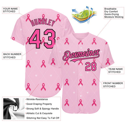 Custom Pink Black 3D Pink Ribbon Breast Cancer Awareness Month Women Health Care Support Authentic Baseball Jersey - Sky-Custom
