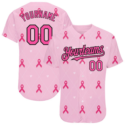 Custom Pink Black 3D Pink Ribbon Breast Cancer Awareness Month Women Health Care Support Authentic Baseball Jersey - Sky-Custom