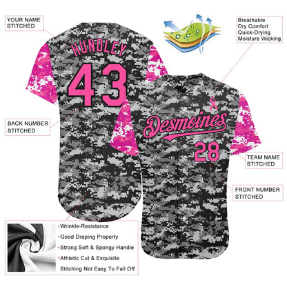 Custom Camo Pink-Black 3D Pink Ribbon Breast Cancer Awareness Month Women Health Care Support Authentic Baseball Jersey - Sky-Custom