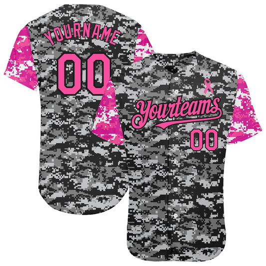 Custom Camo Pink-Black 3D Pink Ribbon Breast Cancer Awareness Month Women Health Care Support Authentic Baseball Jersey - Sky-Custom