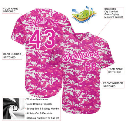 Custom Camo Deep Pink-Black 3D Pink Ribbon Breast Cancer Awareness Month Women Health Care Support Authentic Baseball Jersey - Sky-Custom