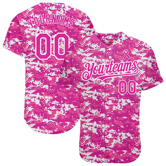 Custom Camo Deep Pink-Black 3D Pink Ribbon Breast Cancer Awareness Month Women Health Care Support Authentic Baseball Jersey - Sky-Custom