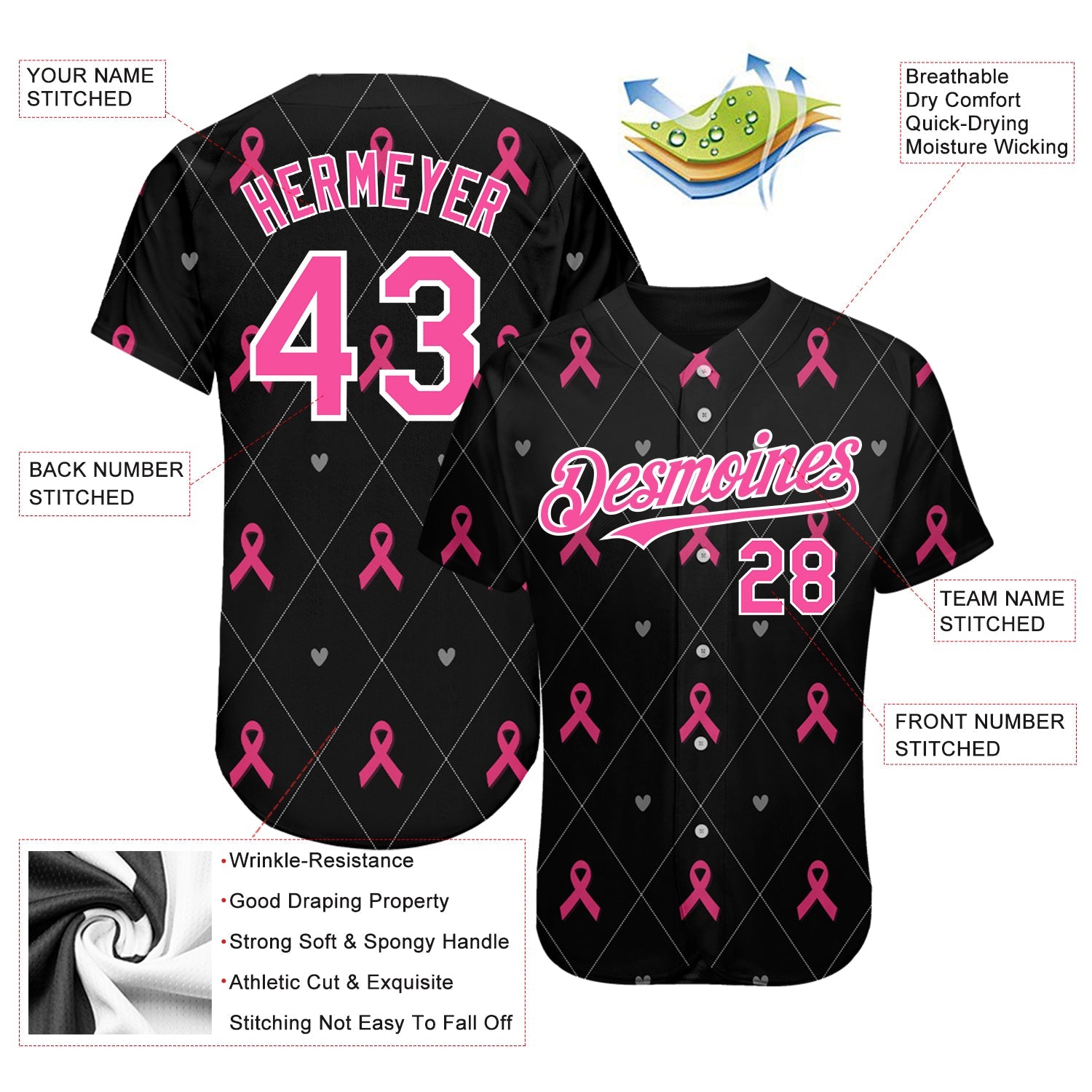 Custom Black Pink-White 3D Pink Ribbon Breast Cancer Awareness Month Women Health Care Support Authentic Baseball Jersey - Sky-Custom