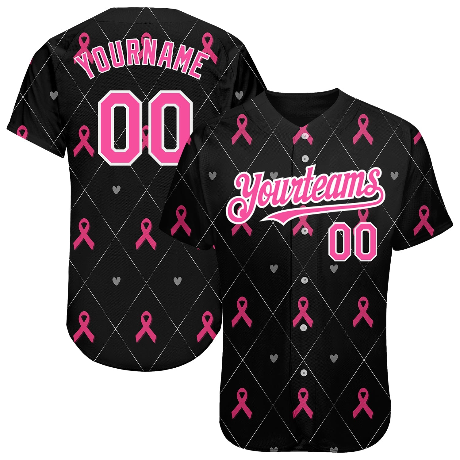 Custom Black Pink-White 3D Pink Ribbon Breast Cancer Awareness Month Women Health Care Support Authentic Baseball Jersey - Sky-Custom