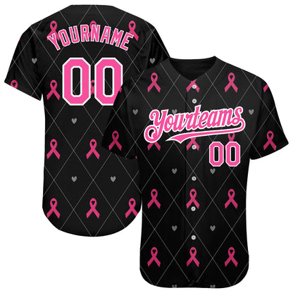 Custom Black Pink-White 3D Pink Ribbon Breast Cancer Awareness Month Women Health Care Support Authentic Baseball Jersey - Sky-Custom