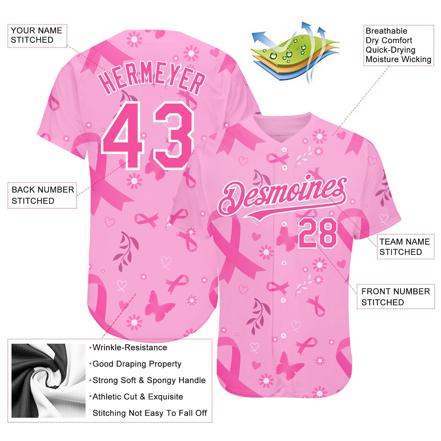 Custom Pink White 3D Pink Ribbon Breast Cancer Awareness Month Women Health Care Support Authentic Baseball Jersey - Sky-Custom