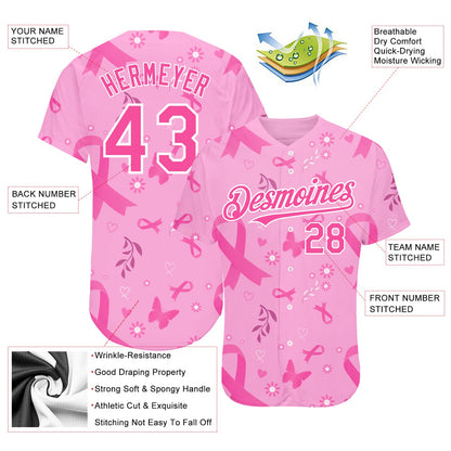 Custom Pink White 3D Pink Ribbon Breast Cancer Awareness Month Women Health Care Support Authentic Baseball Jersey - Sky-Custom
