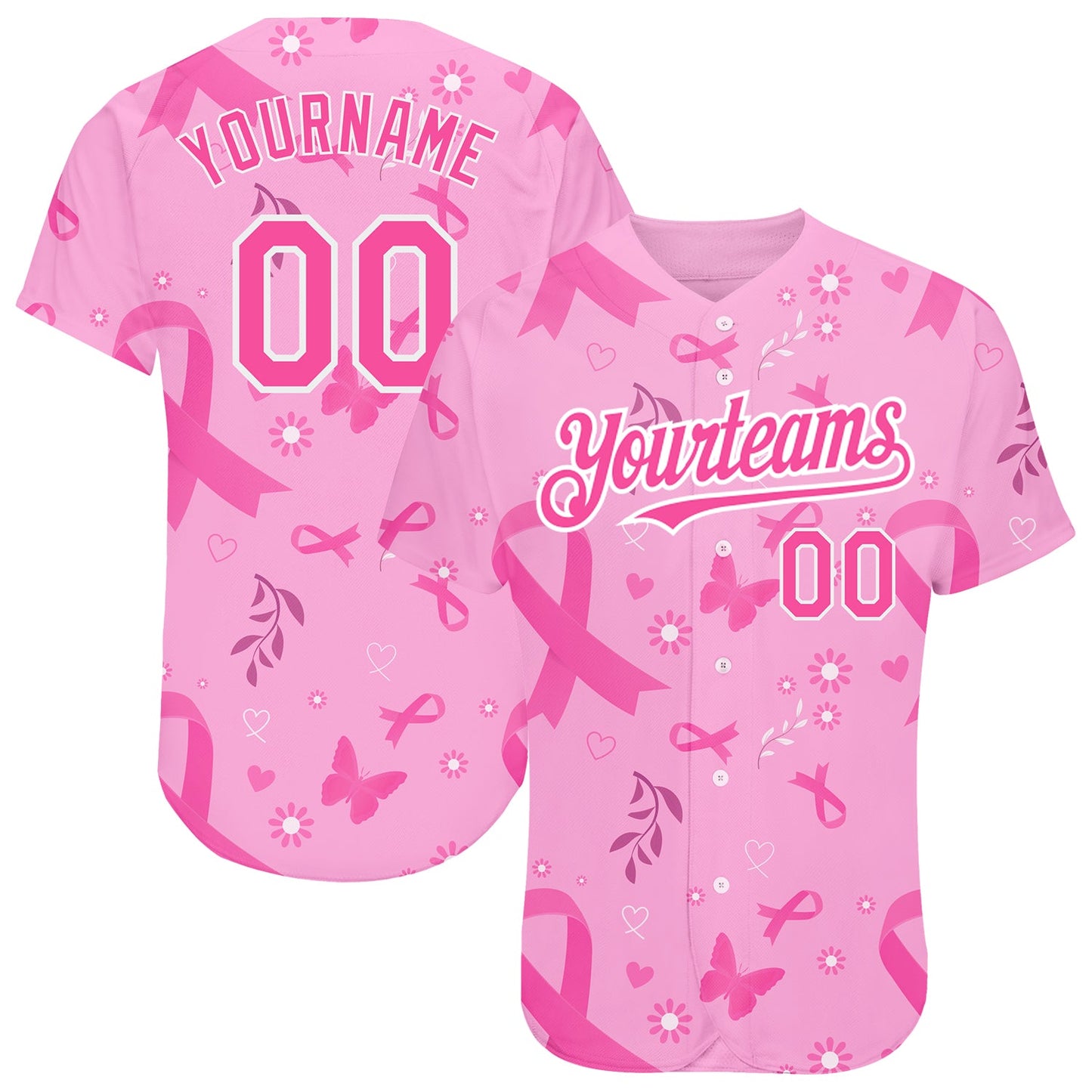 Custom Pink White 3D Pink Ribbon Breast Cancer Awareness Month Women Health Care Support Authentic Baseball Jersey - Sky-Custom