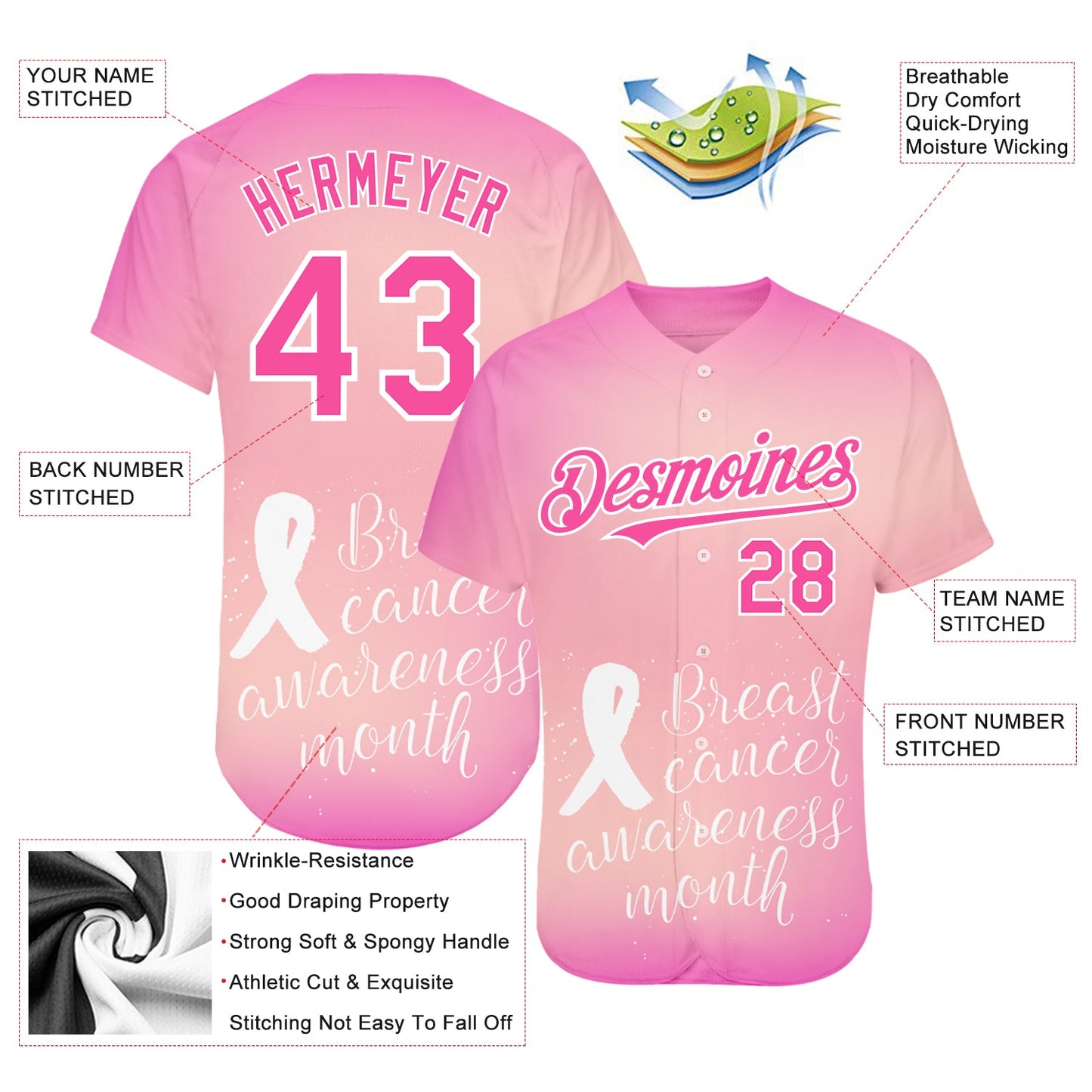 Custom Pink White 3D Pink Ribbon Breast Cancer Awareness Month Women Health Care Support Authentic Baseball Jersey - Sky-Custom