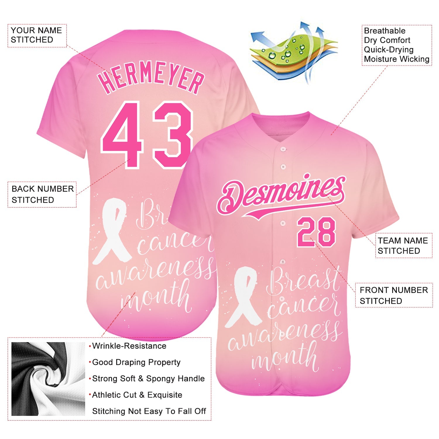 Custom Pink White 3D Pink Ribbon Breast Cancer Awareness Month Women Health Care Support Authentic Baseball Jersey - Sky-Custom