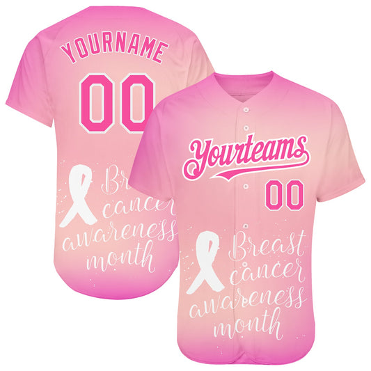 Custom Pink White 3D Pink Ribbon Breast Cancer Awareness Month Women Health Care Support Authentic Baseball Jersey - Sky-Custom