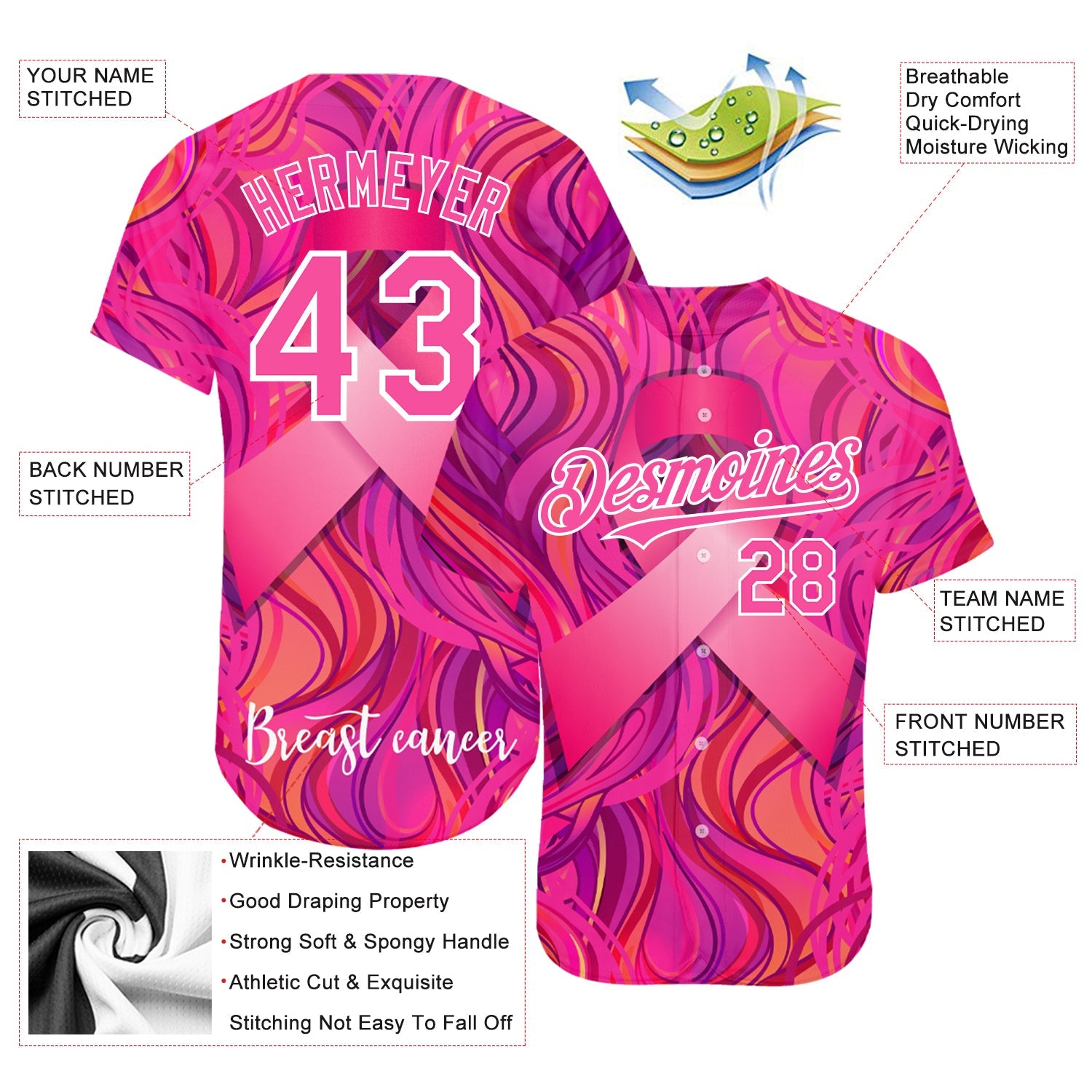 Custom Pink White 3D Pink Ribbon Breast Cancer Awareness Month Women Health Care Support Authentic Baseball Jersey - Sky-Custom