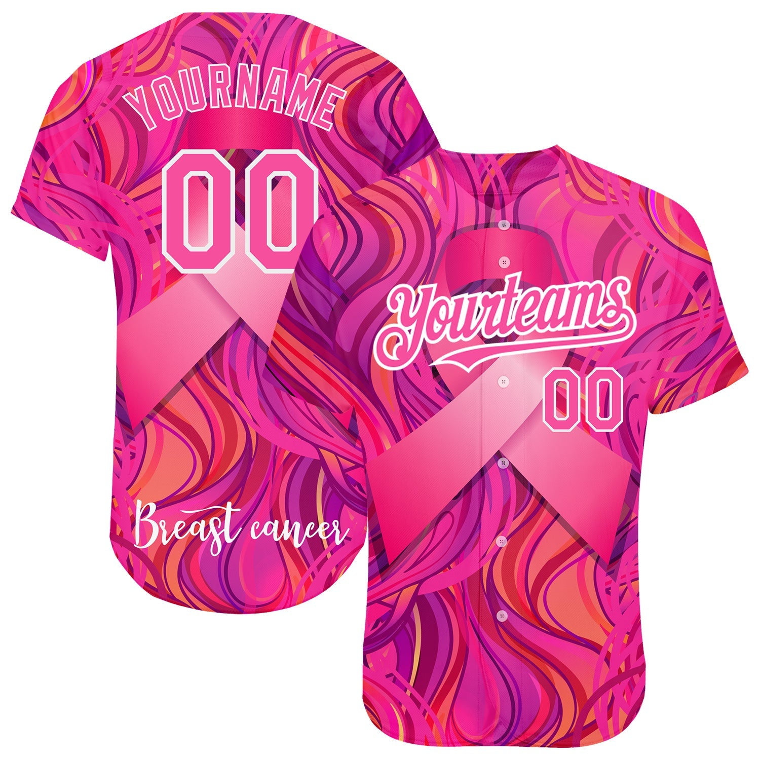 Custom Pink White 3D Pink Ribbon Breast Cancer Awareness Month Women Health Care Support Authentic Baseball Jersey - Sky-Custom