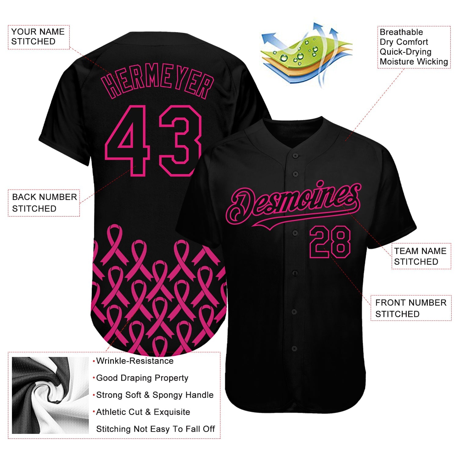 Custom Black Hot Pink 3D Pink Ribbon Breast Cancer Awareness Month Women Health Care Support Authentic Baseball Jersey - Sky-Custom