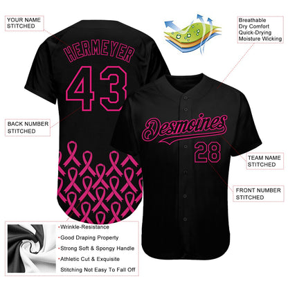 Custom Black Hot Pink 3D Pink Ribbon Breast Cancer Awareness Month Women Health Care Support Authentic Baseball Jersey - Sky-Custom